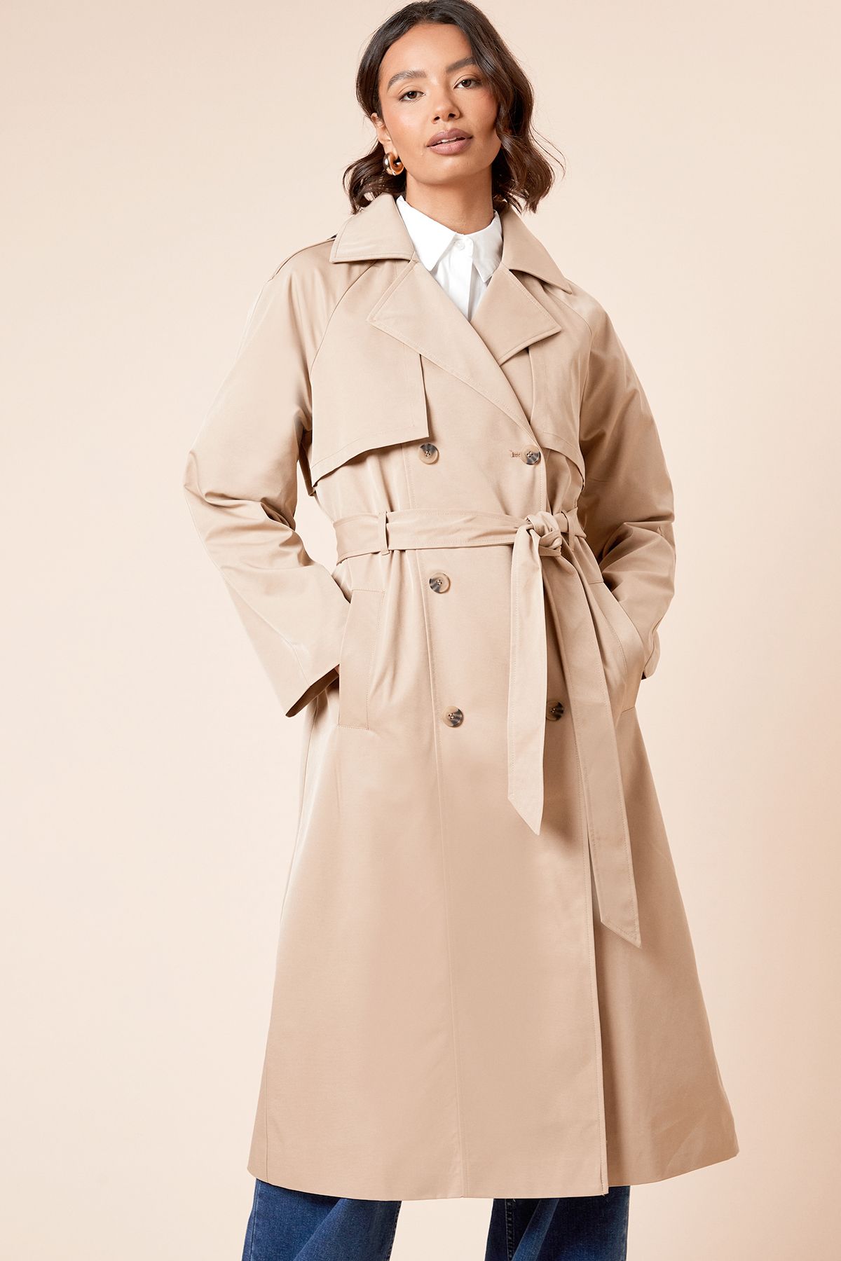 Dorothy Perkins Longline Double Breasted Belted Trench Coat Stone image 2