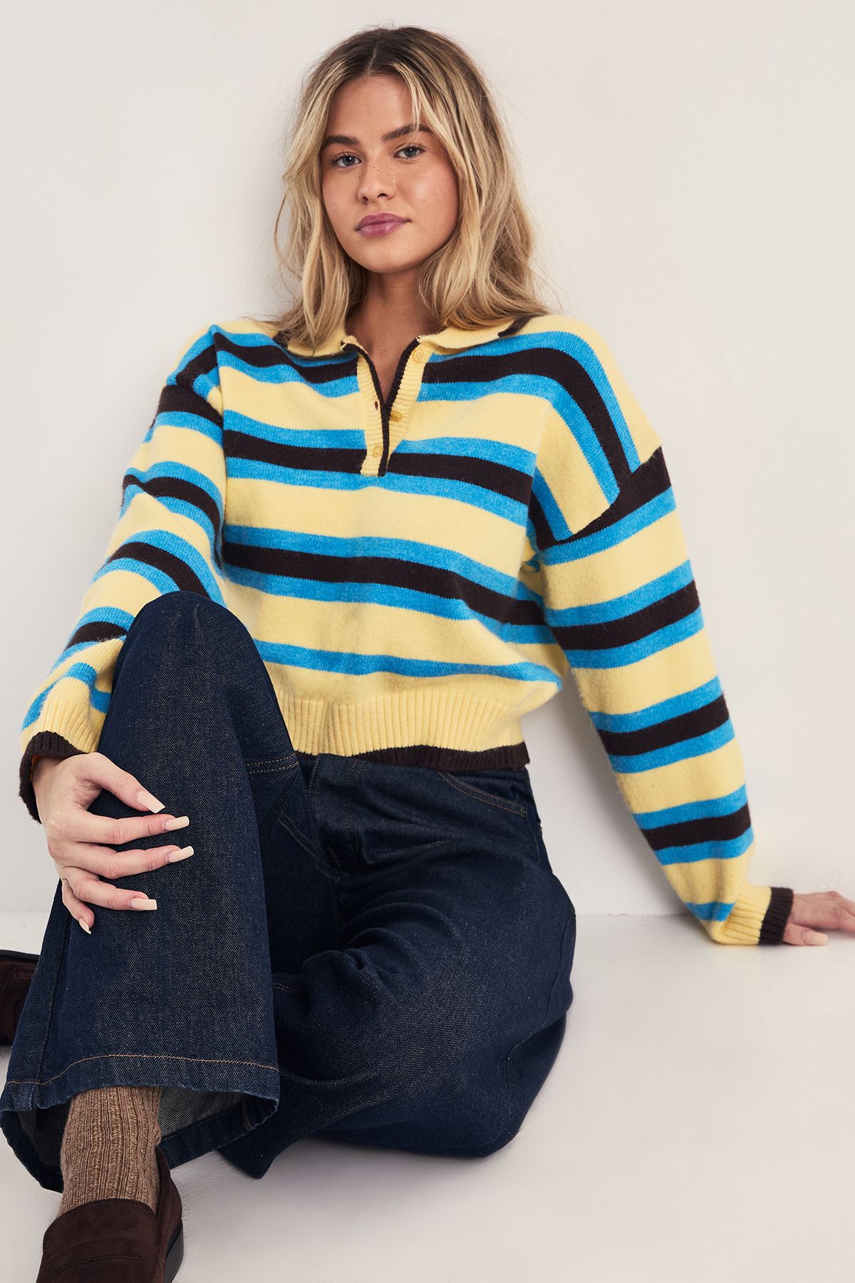 NastyGal Stripe Knitted Polo Jumper Yellow