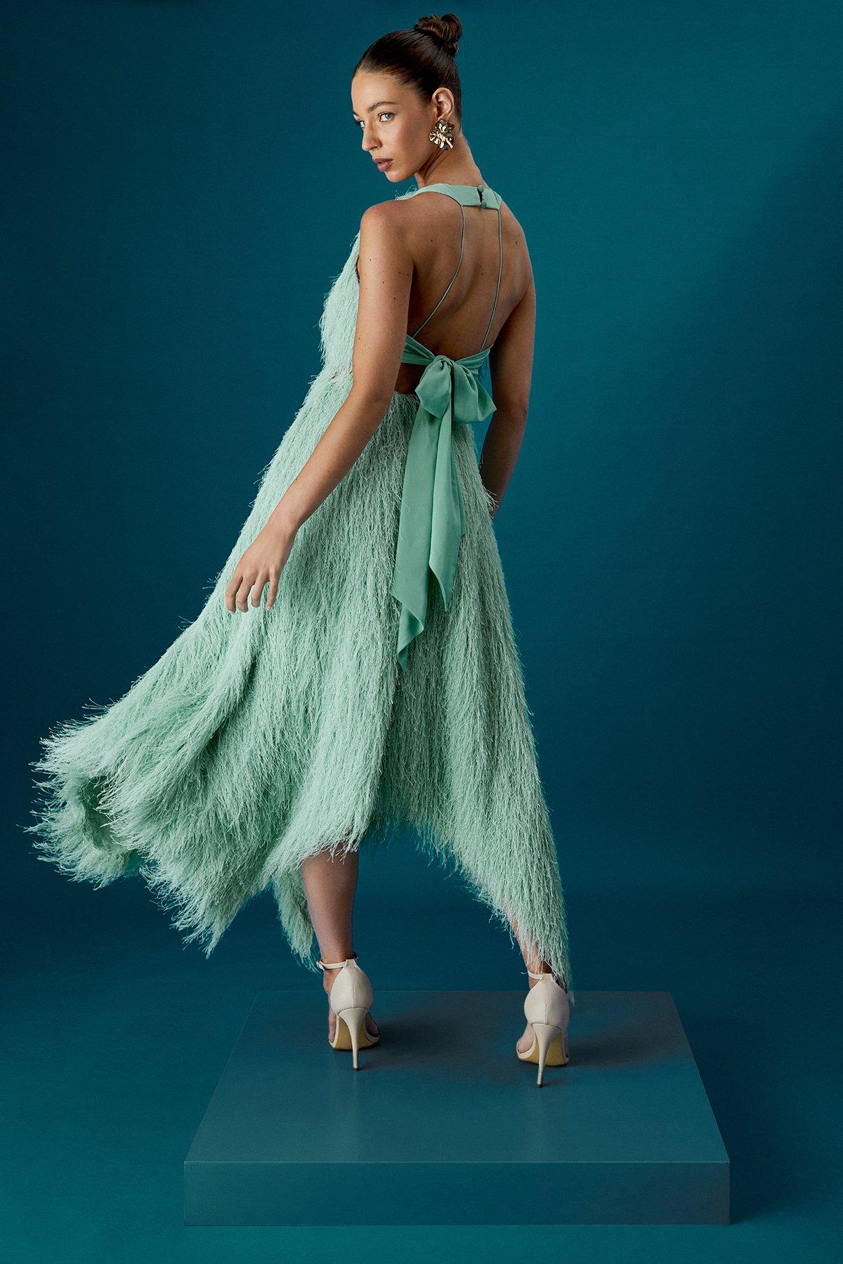 Coast Coast Muse Fringe Halter Neck Tie Back Midi Dress Sage image 3