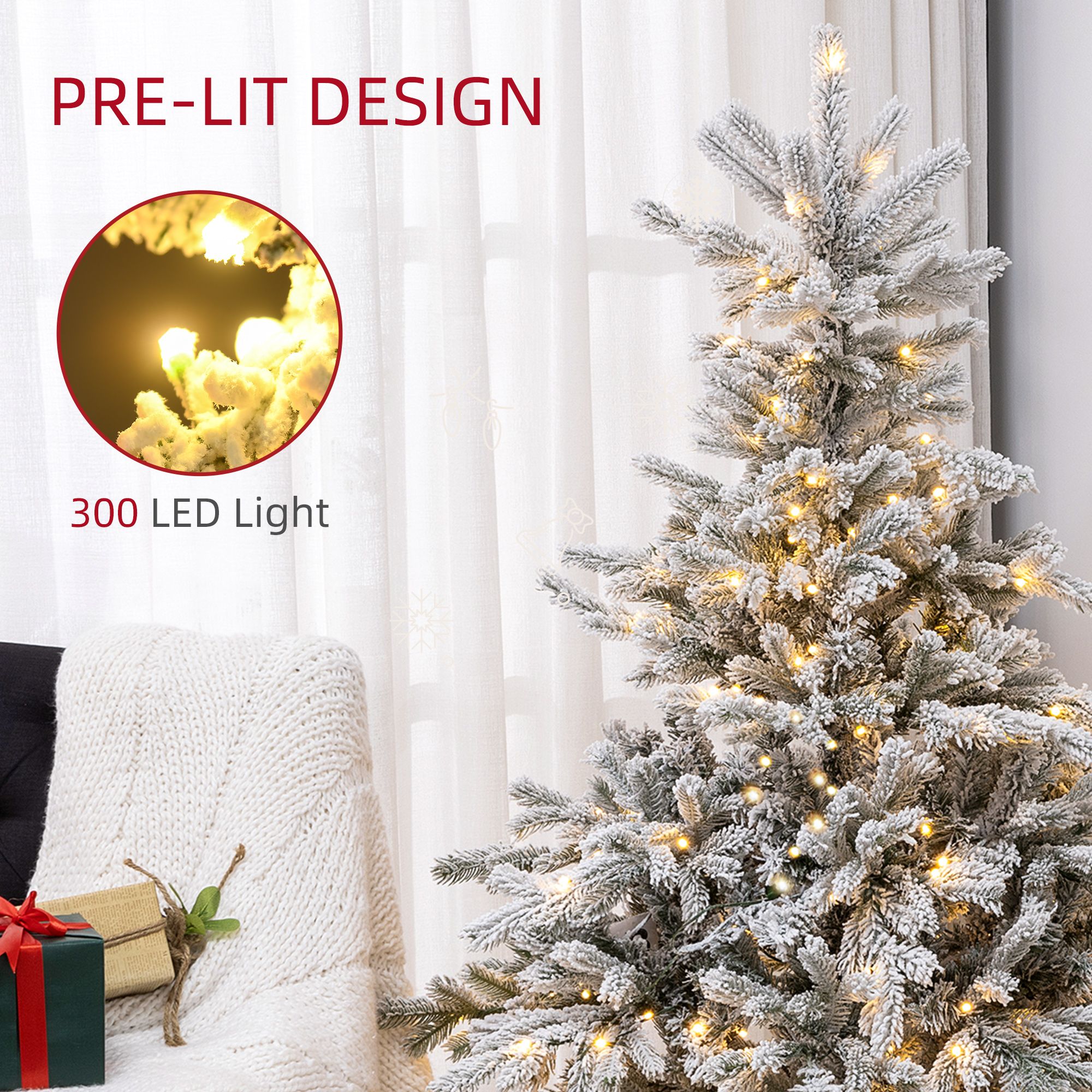 HOMCOM Artificial Prelit Christmas Tree, Snow Xmas Tree with LED Lights image 5