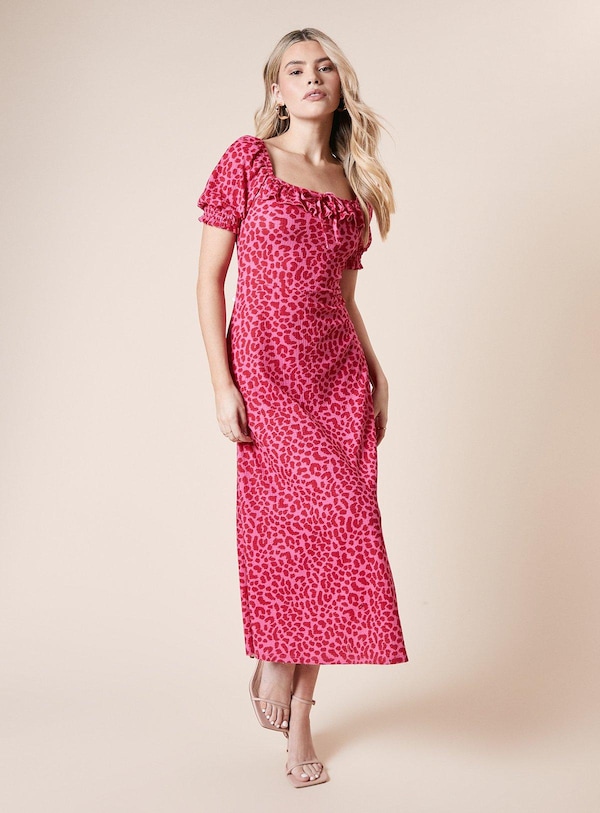 Dorothy Perkins Pink Animal Square Neck Frill Jersey Midi Dress Pink