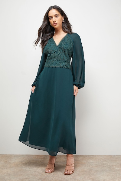 Oasis Lace Front Balloon Sleeve Midi Dress Green