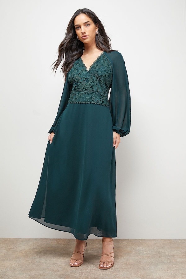 Oasis Lace Front Balloon Sleeve Midi Dress Green
