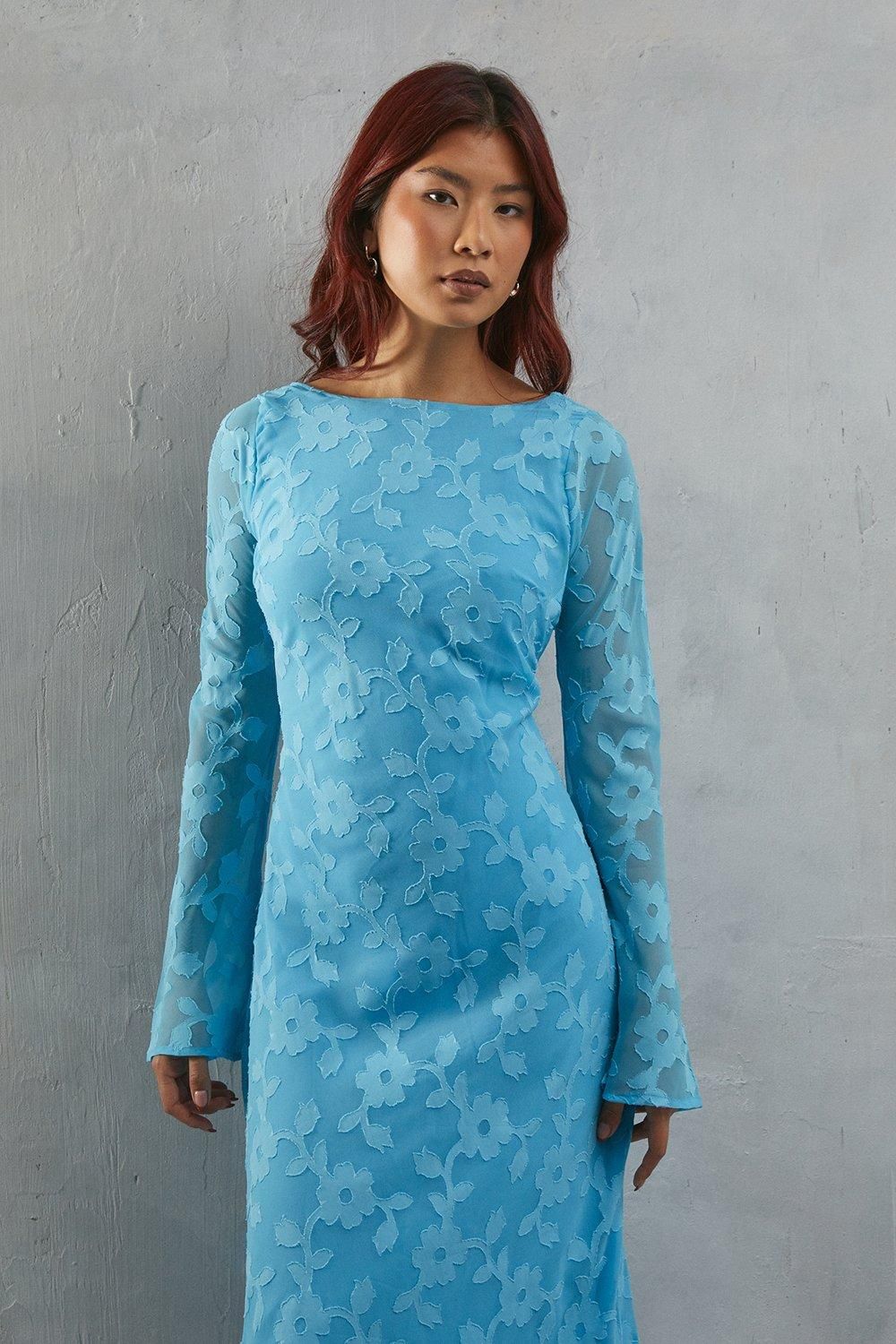 Warehouse Burnout Chiffon Slash Neck Flutter Sleeve Bias Midi Dress Blue image 2