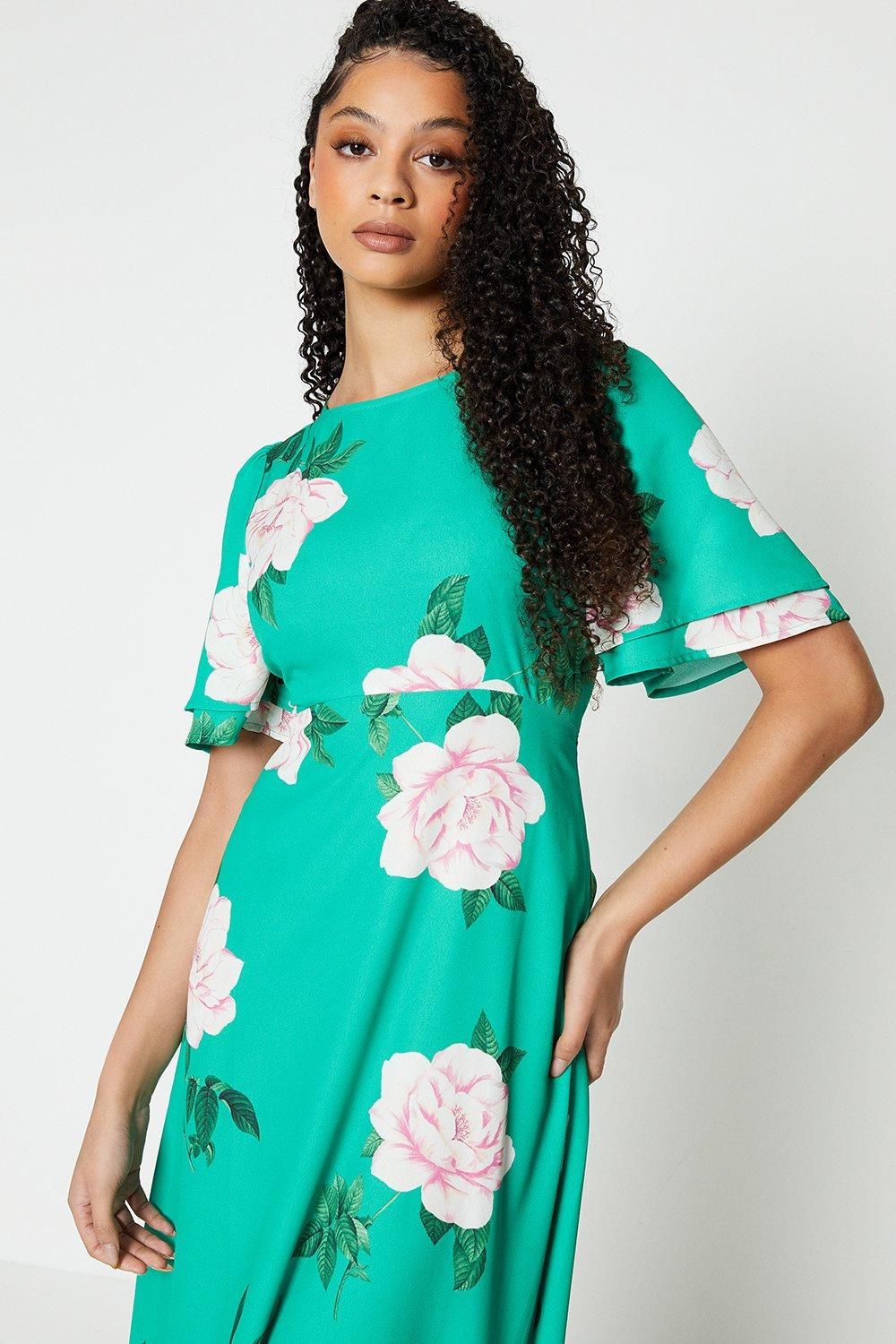 Dorothy Perkins Tall Green Floral Flutter Sleeve Midi Dress Green image 2