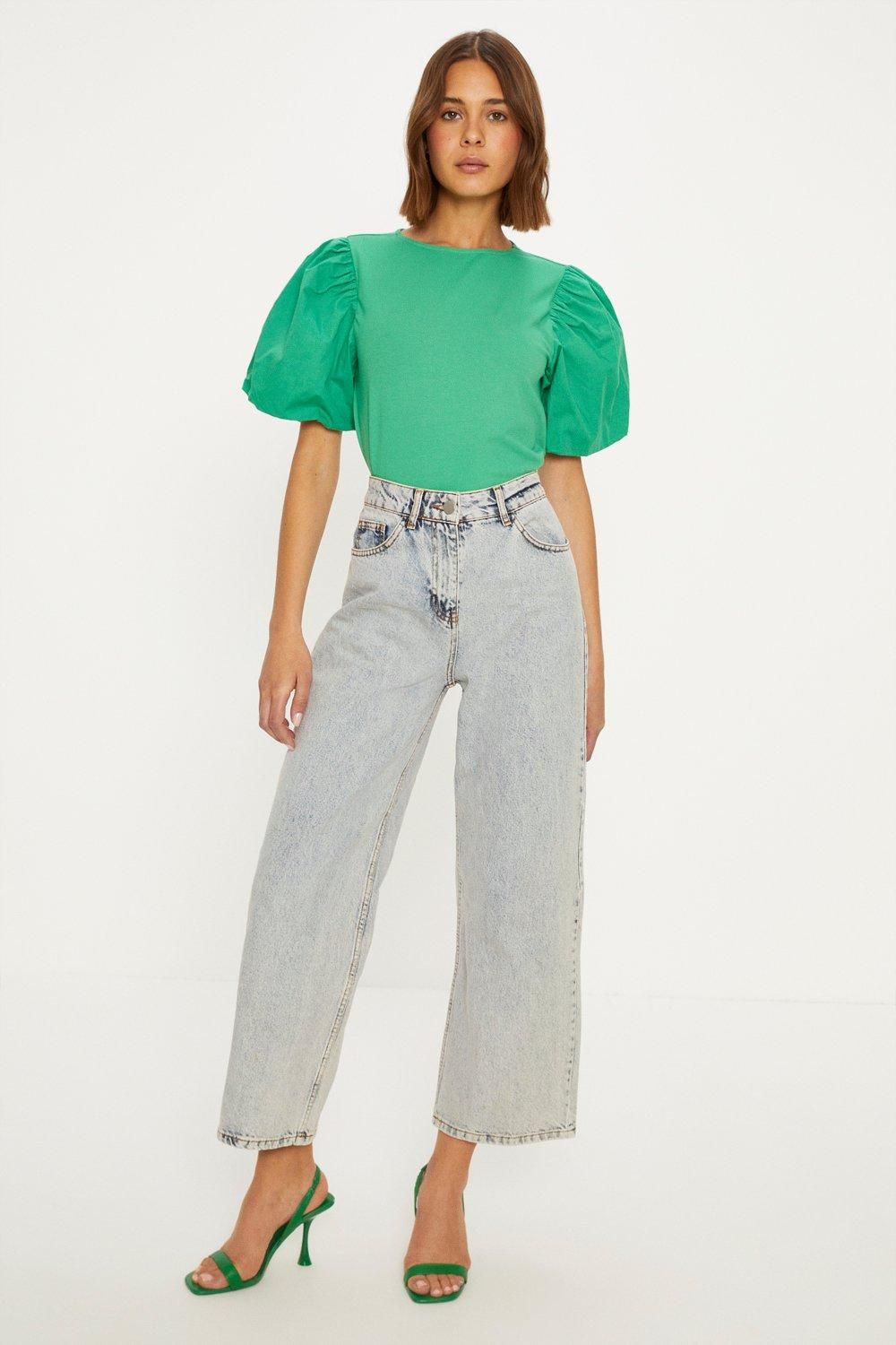 Oasis Woven Mix Puff Sleeve T-Shirt Green image 1