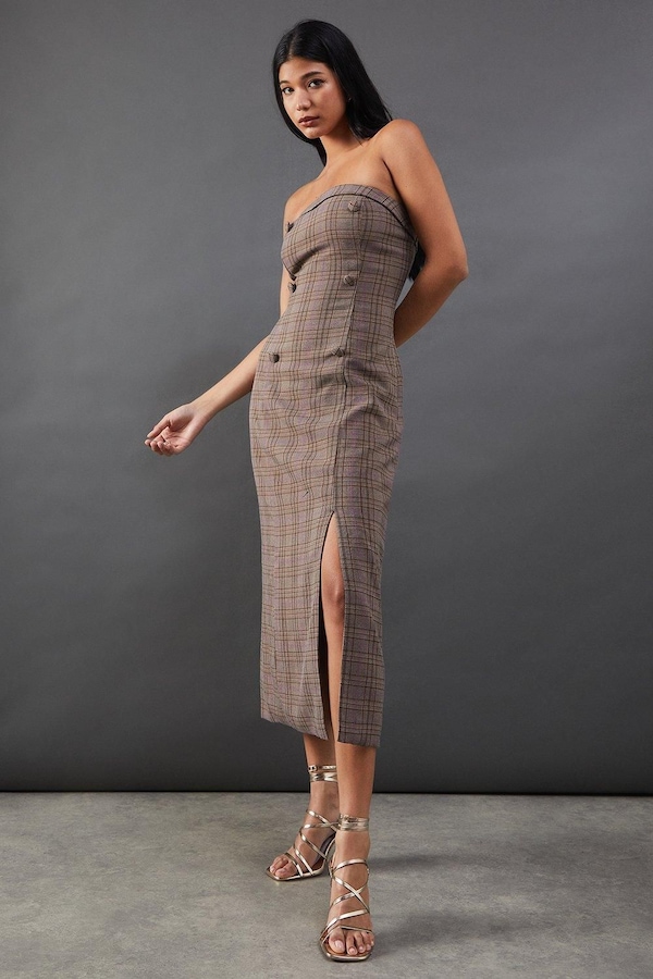 Warehouse Premium Check Bandeau Double Breasted Midi Dress Brown