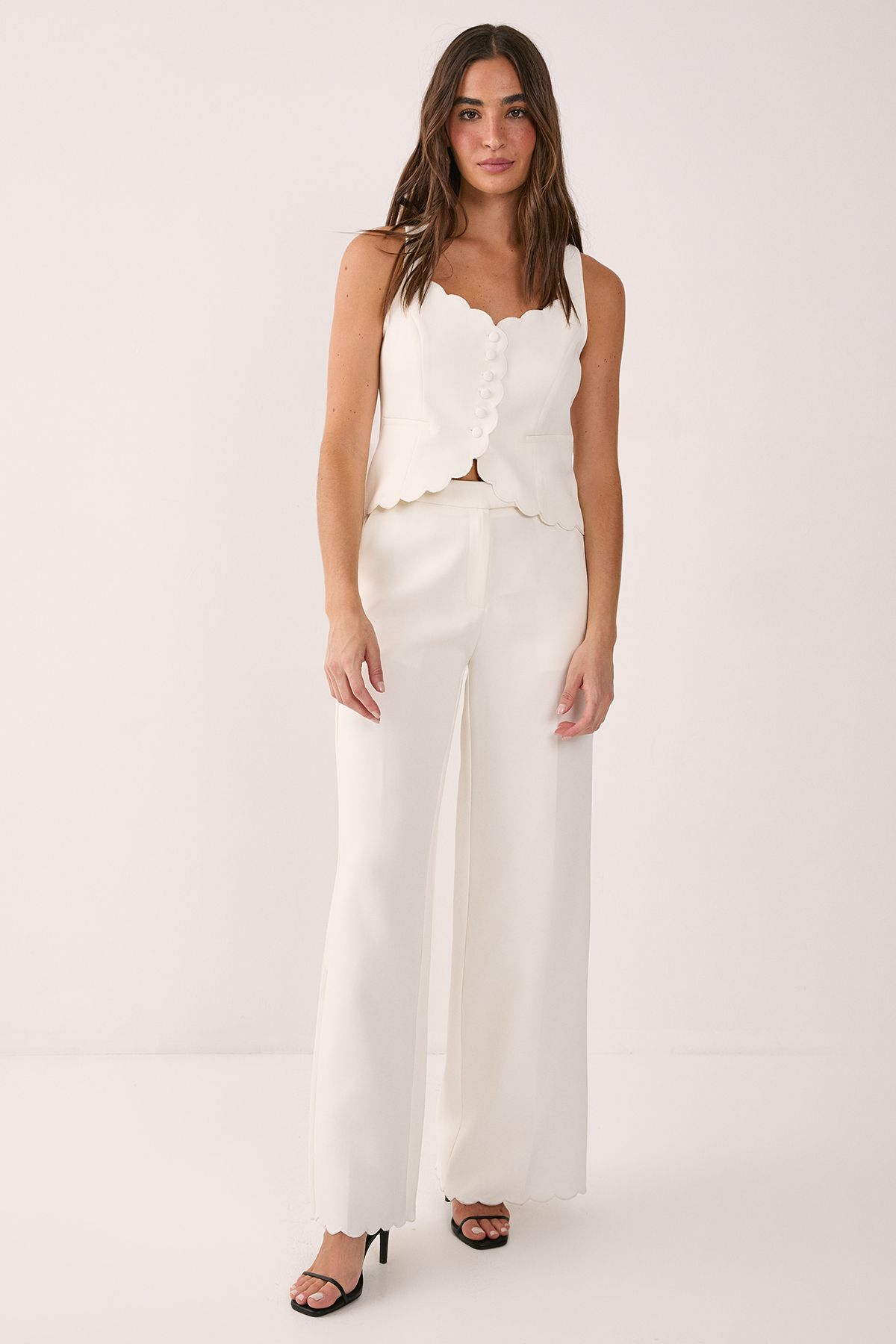 NastyGal Scallop Embroidered Tailored Wide Leg Pants White image 2
