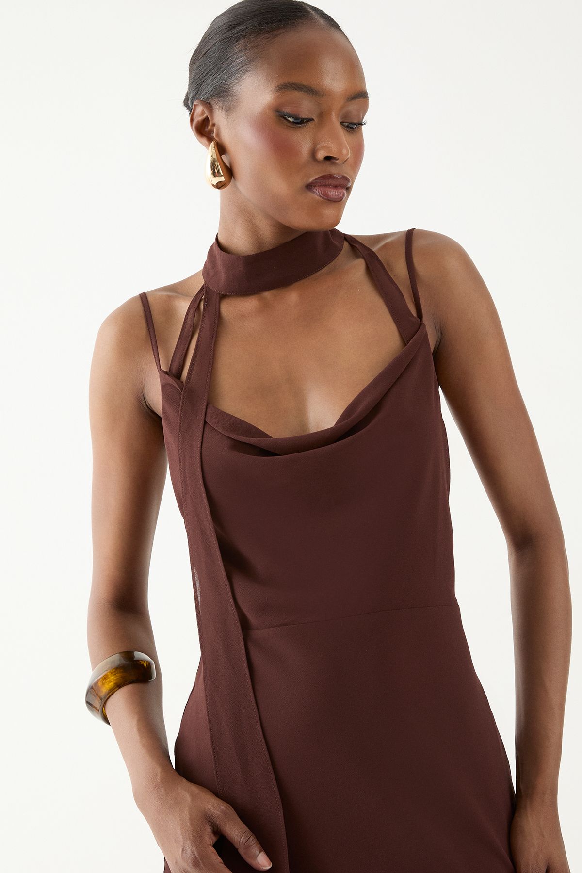 MissPap Halter Neck Chiffon Scarf Maxi Dress Chocolate image 3