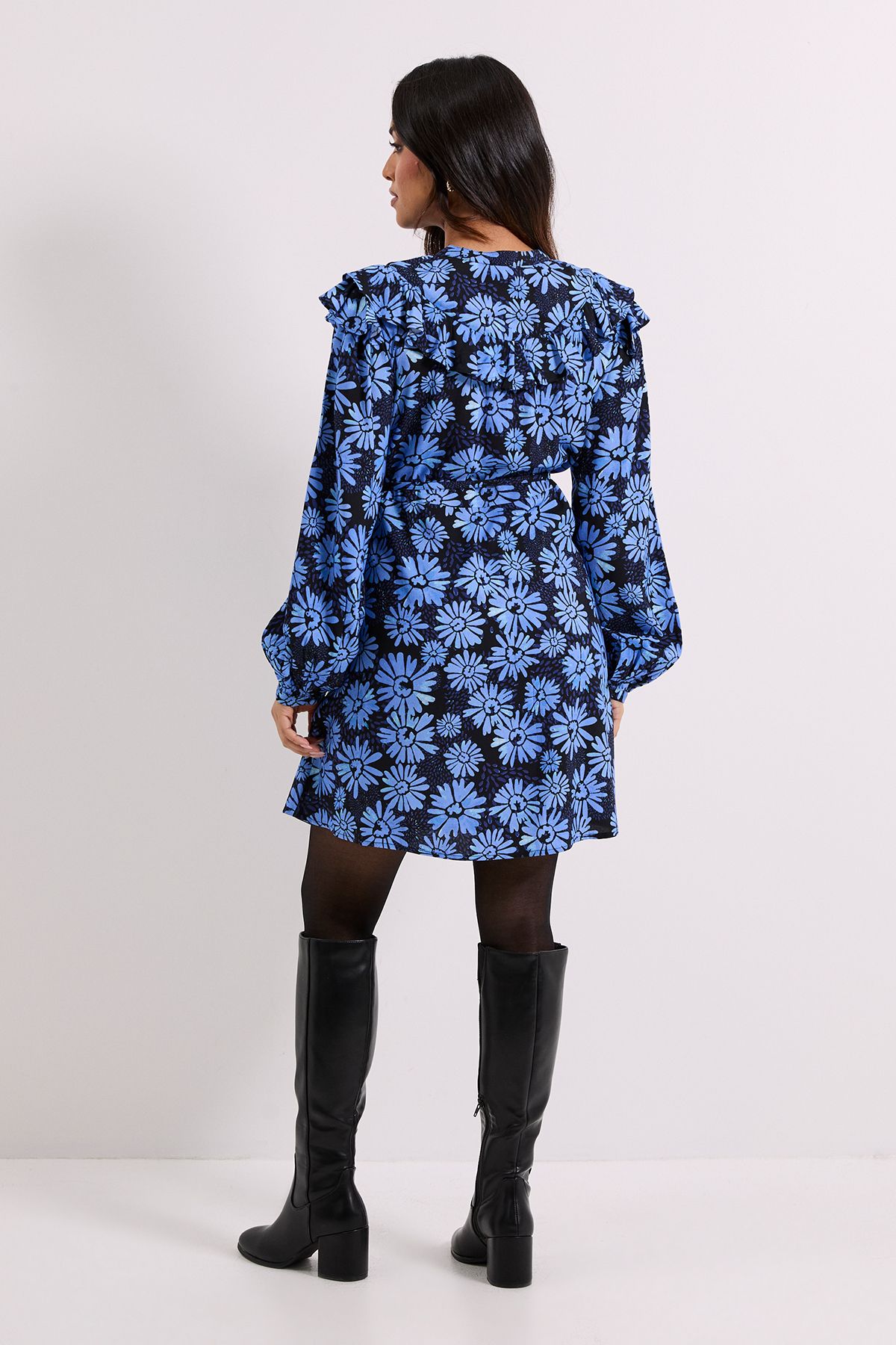 Dorothy Perkins Petite Blue Daisy Frill Yoke Belted Mini Shirt Dress Blue image 3