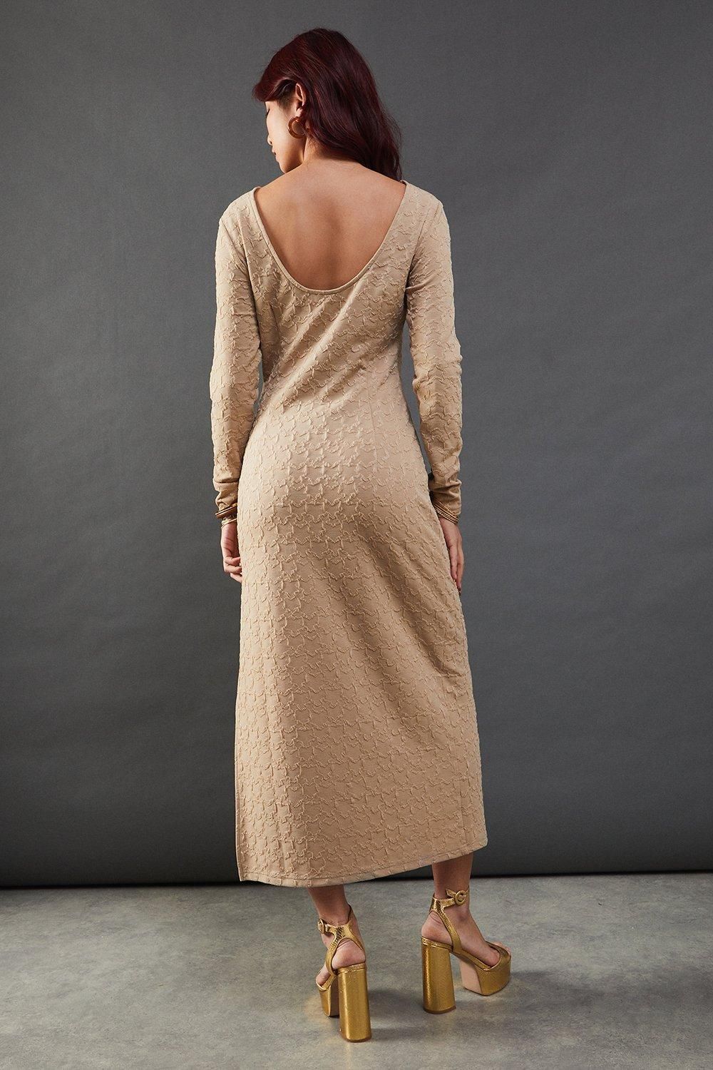 Warehouse Jersey Jacquard Slash Neck Scoop Back Midi Dress Taupe image 3