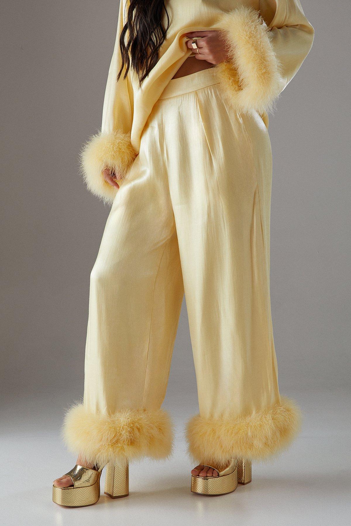 Warehouse Petite Premium Iridescent Feather Cuff Wide Leg Trouser Lemon image 2