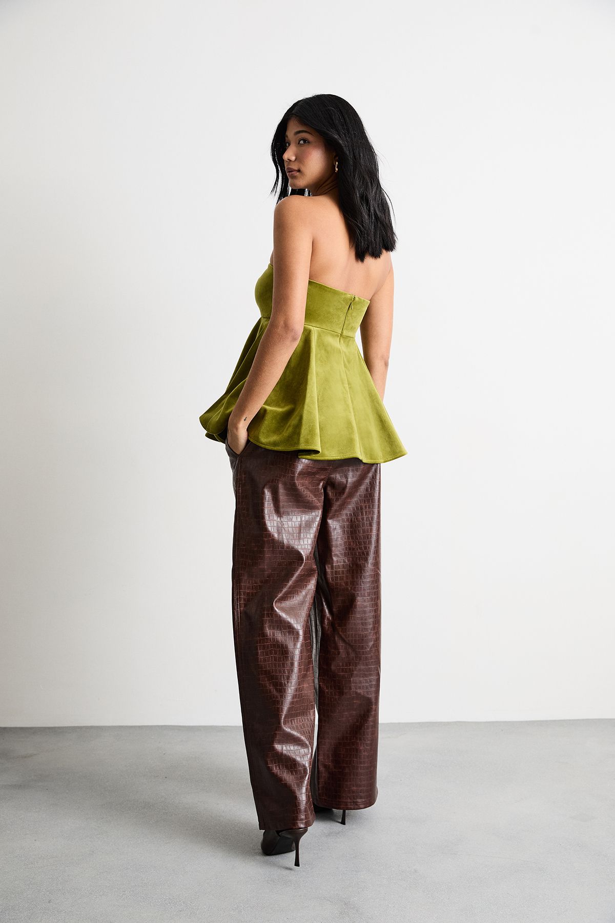 Warehouse Bonded Velvet Tailored Bustier Top Chartreuse image 3