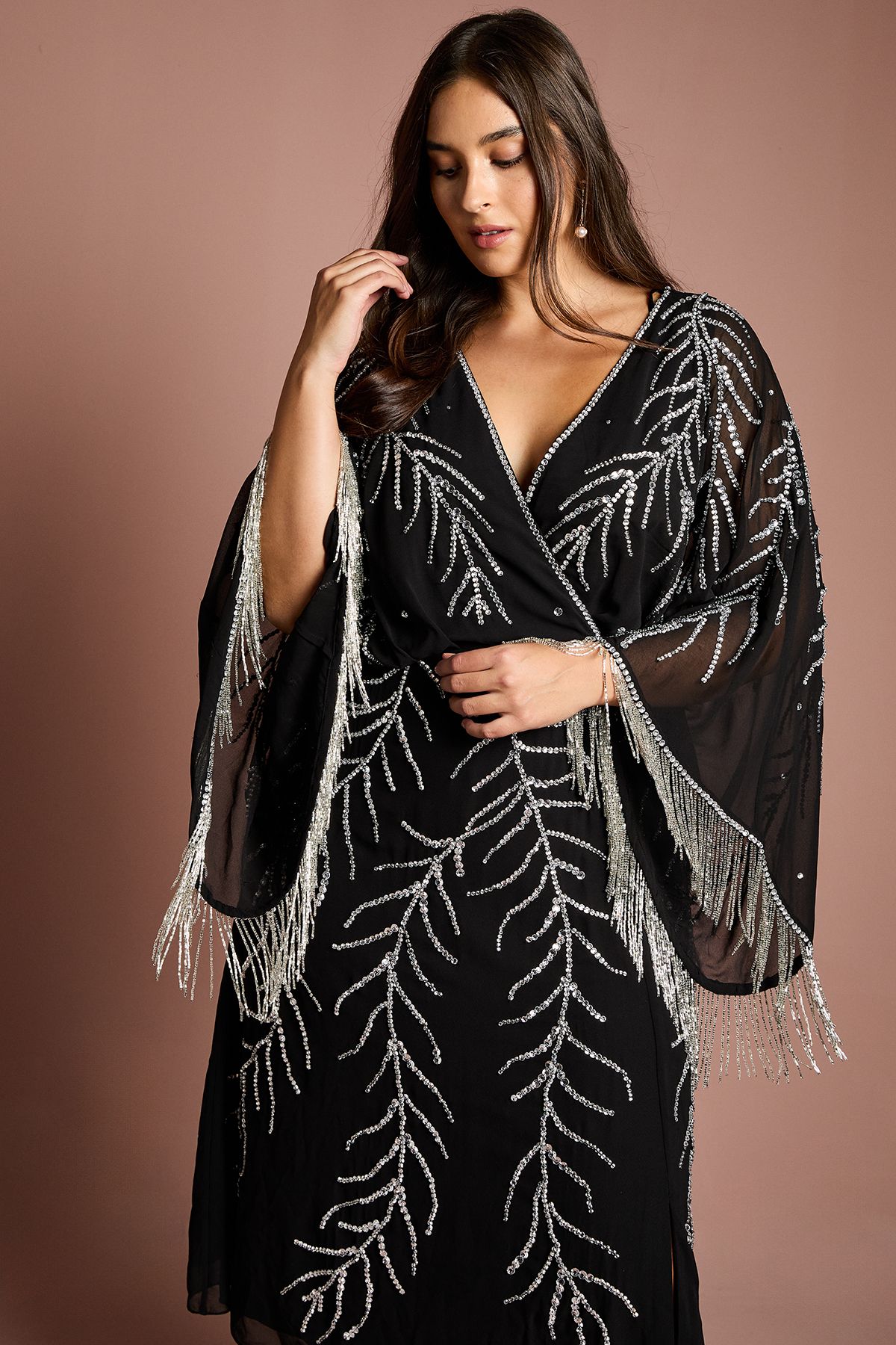 Coast Plus Size Feather Embellished Fringe Kimono Sleeve Midi Dress Black image 2