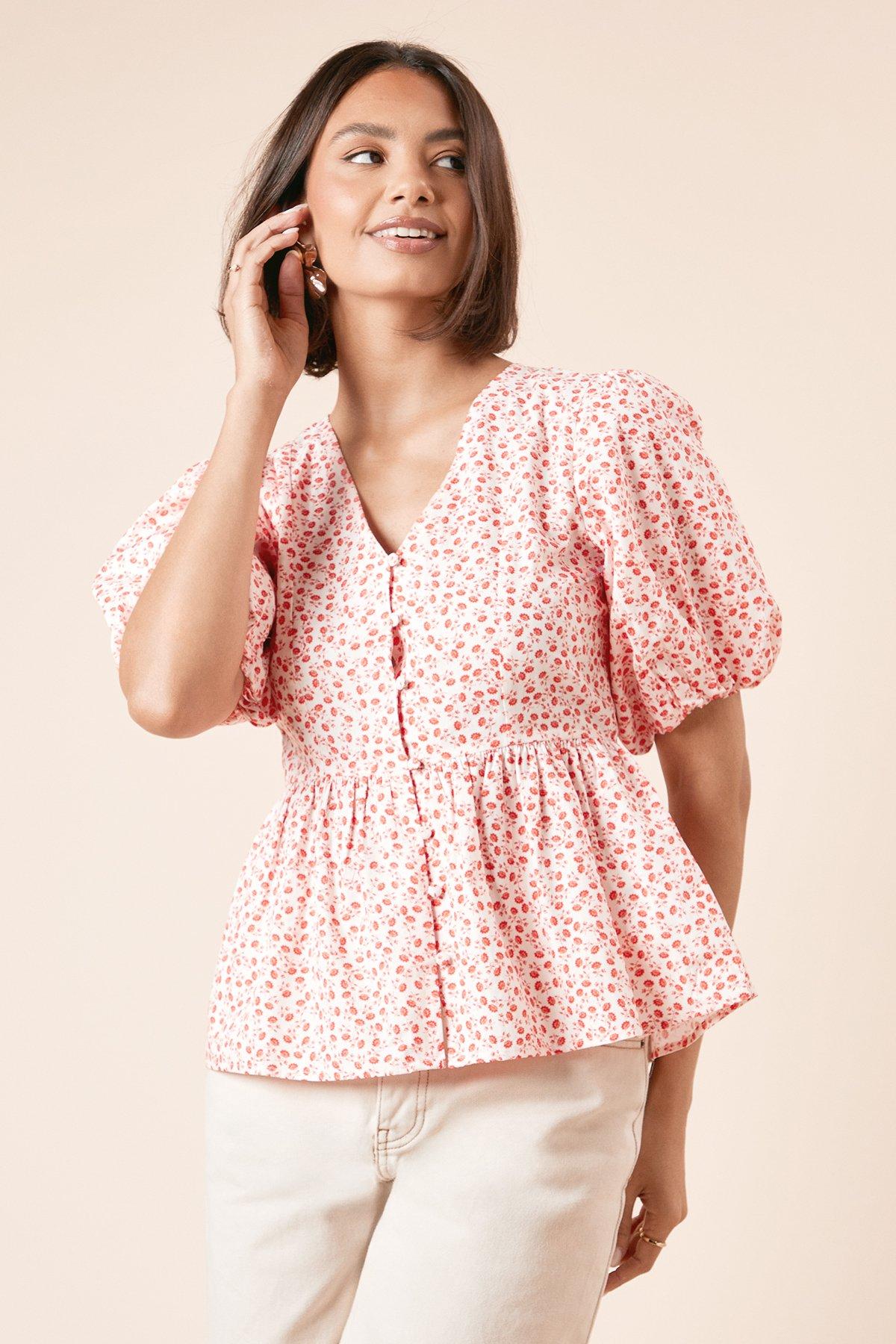 Dorothy Perkins Red Floral Button Up Printed Peplum Top Floral