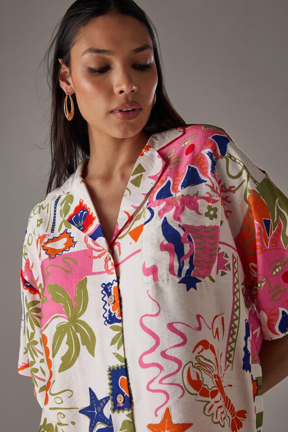 Warehouse HCD Postcard Print Boxy Oversized Shirt Multi image 4