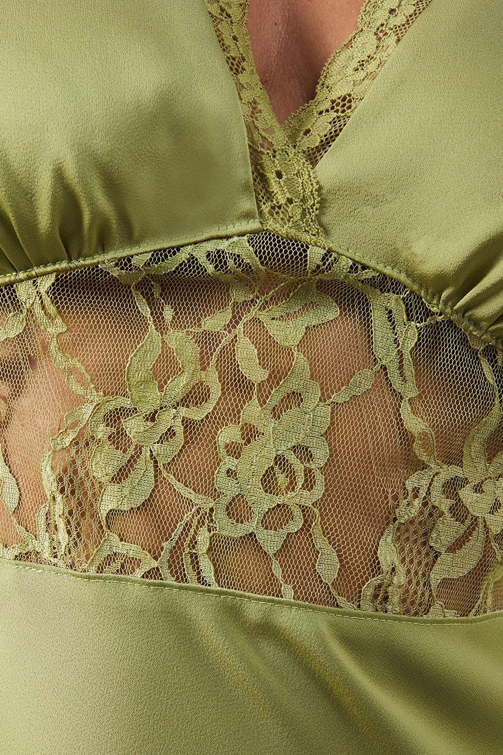 Warehouse Satin Lace Insert Flute Sleeve Midi Dress Olive image 5