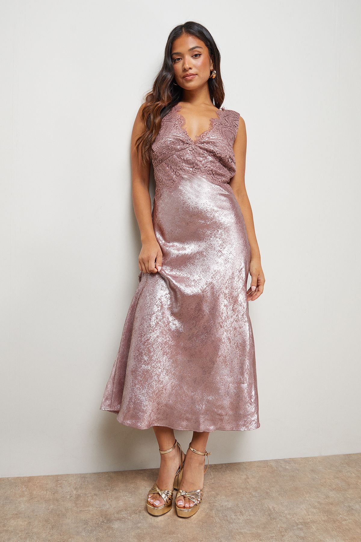 Oasis Petite Metallic Lace Detail Midi Slip Dress Rose image 2