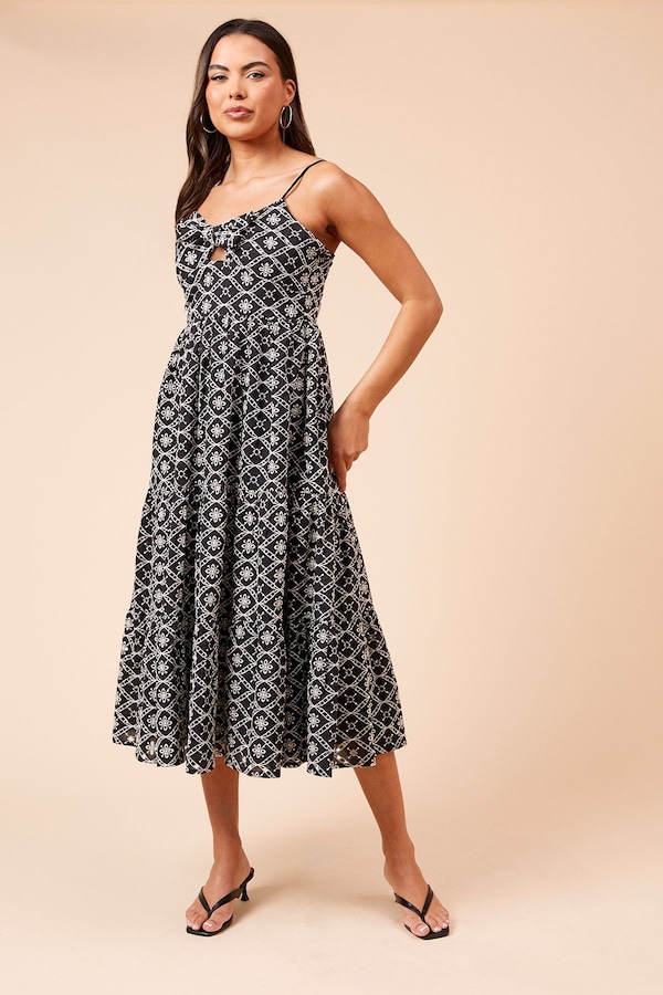Dorothy Perkins Tie Front Broderie Midi Dress Black