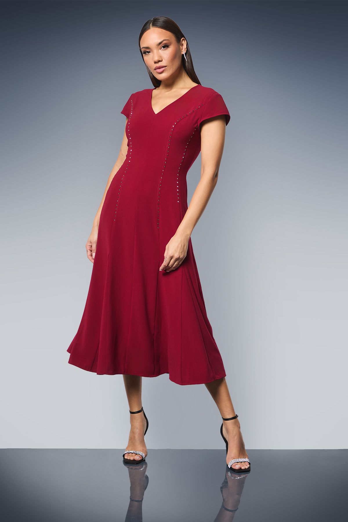 Principles Studded Fit & Flare Crepe Midi Dress Berry image 1