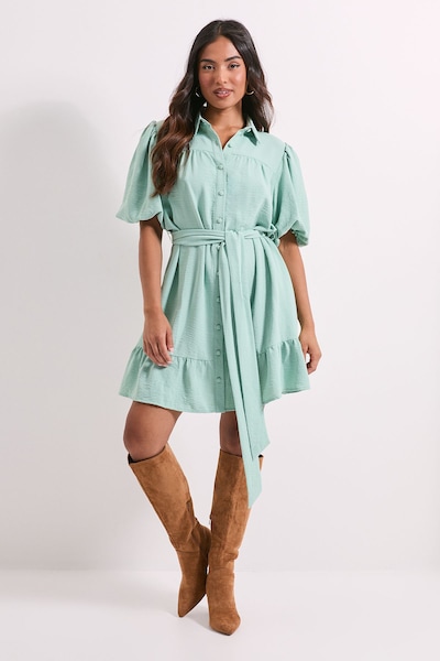 Dorothy Perkins Petite Puff Sleeve Belted Mini Shirt Dress Sage