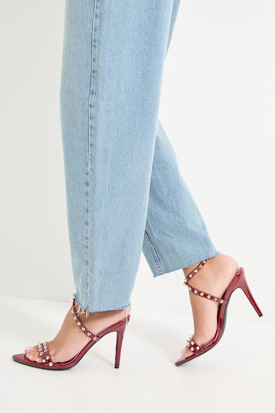MissPap Studded Strappy High Metal Stiletto Heel Sandals Burgundy