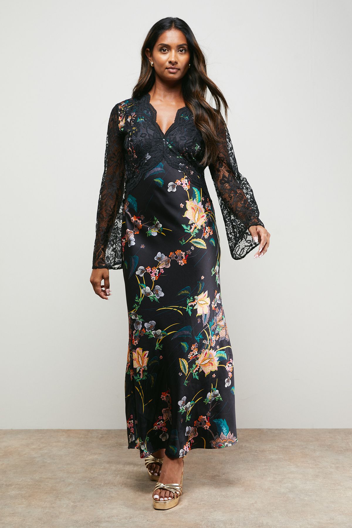 Oasis Printed Lace Bodice V Neck Satin Midi Dress Multi image 1