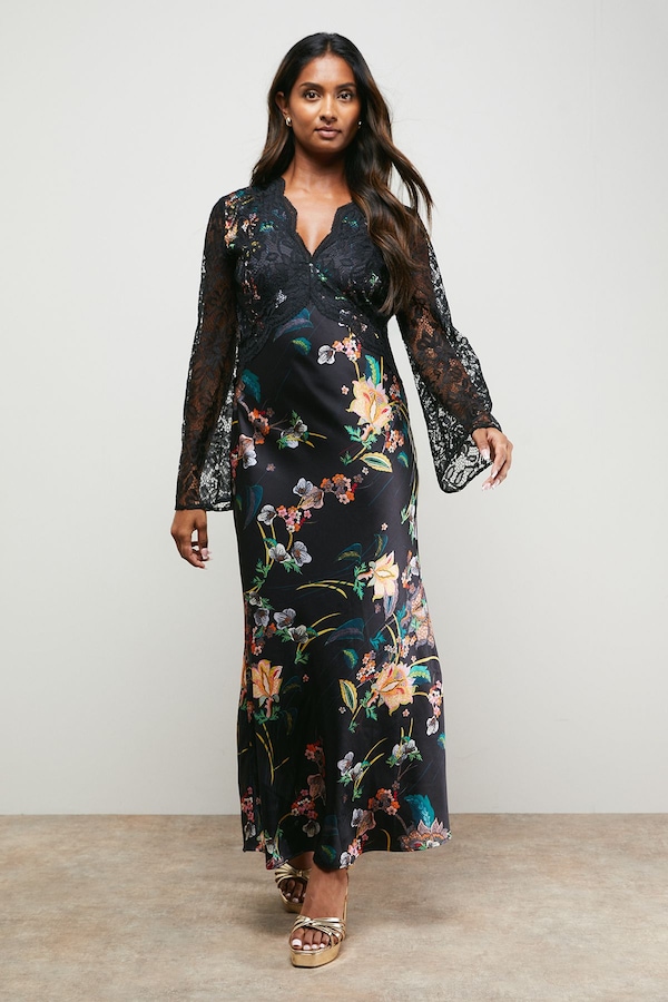 Oasis Printed Lace Bodice V Neck Satin Midi Dress Multi