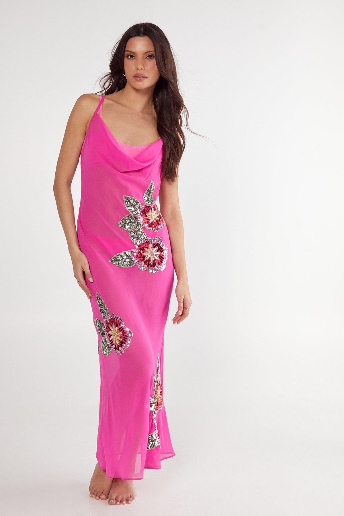 NastyGal Floral Embellished Cowl Maxi Beach Dress Pink image 1