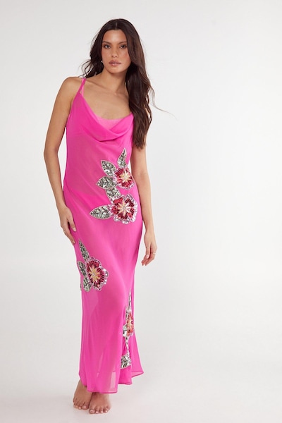 NastyGal Floral Embellished Cowl Maxi Beach Dress Pink