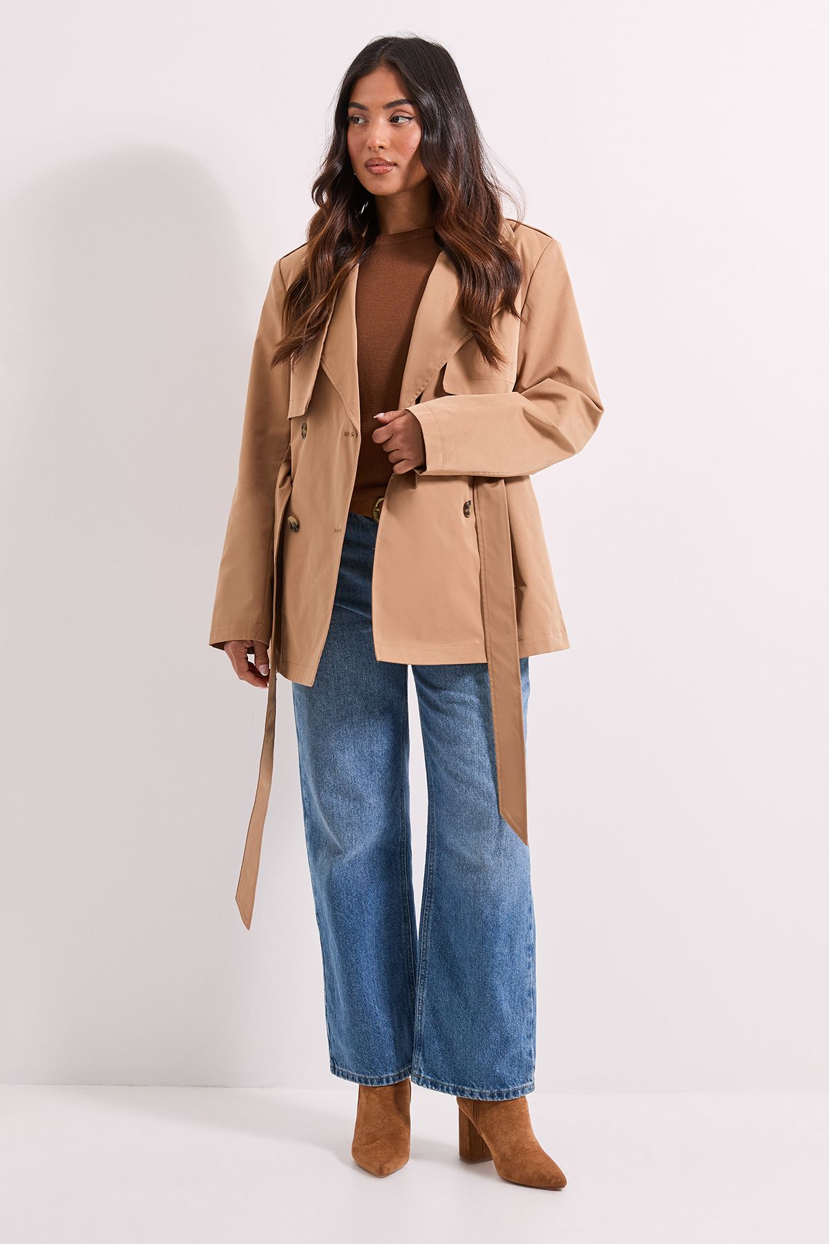 Dorothy Perkins Petite Double Breasted Belted Trench Coat Camel image 2