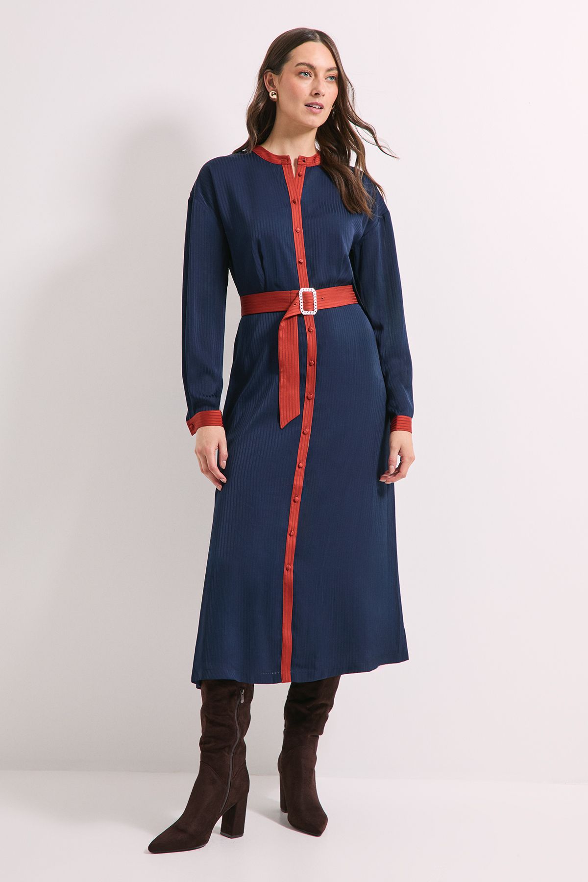 Principles Navy Satin Stripe Contrast Collar Belted Midi Dress Navy