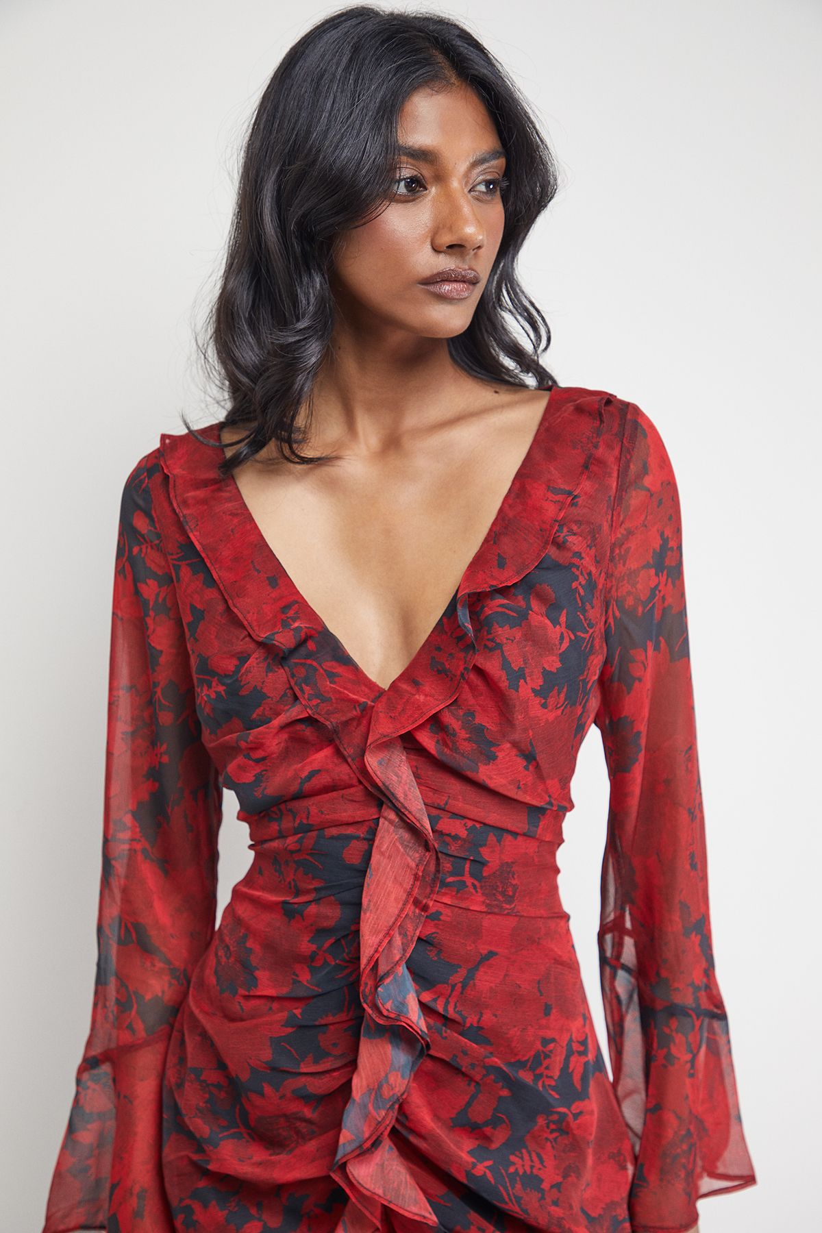 Warehouse Chiffon Ruffle Gathered Bodice Midi Dress Red image 4