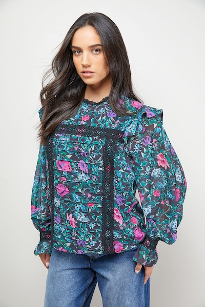Oasis Printed Lace Trim Pleat Detail Boho Blouse Black