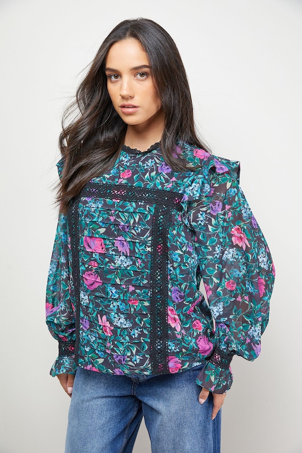 Oasis Printed Lace Trim Pleat Detail Boho Blouse Black