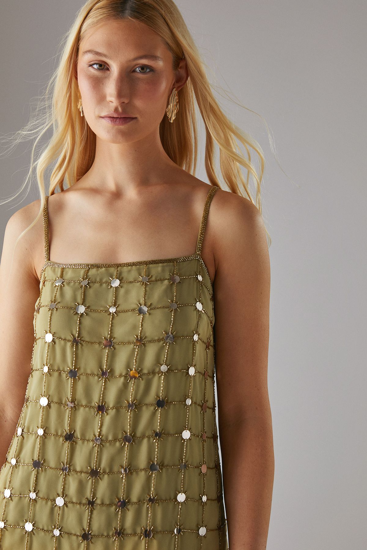 Warehouse Hand Embellished Sequin Grid Strappy Column Midi Dress Sage image 4