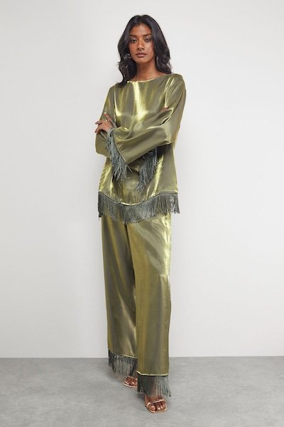 Warehouse Satin Fringe Hem High Waisted Trouser Dark Olive