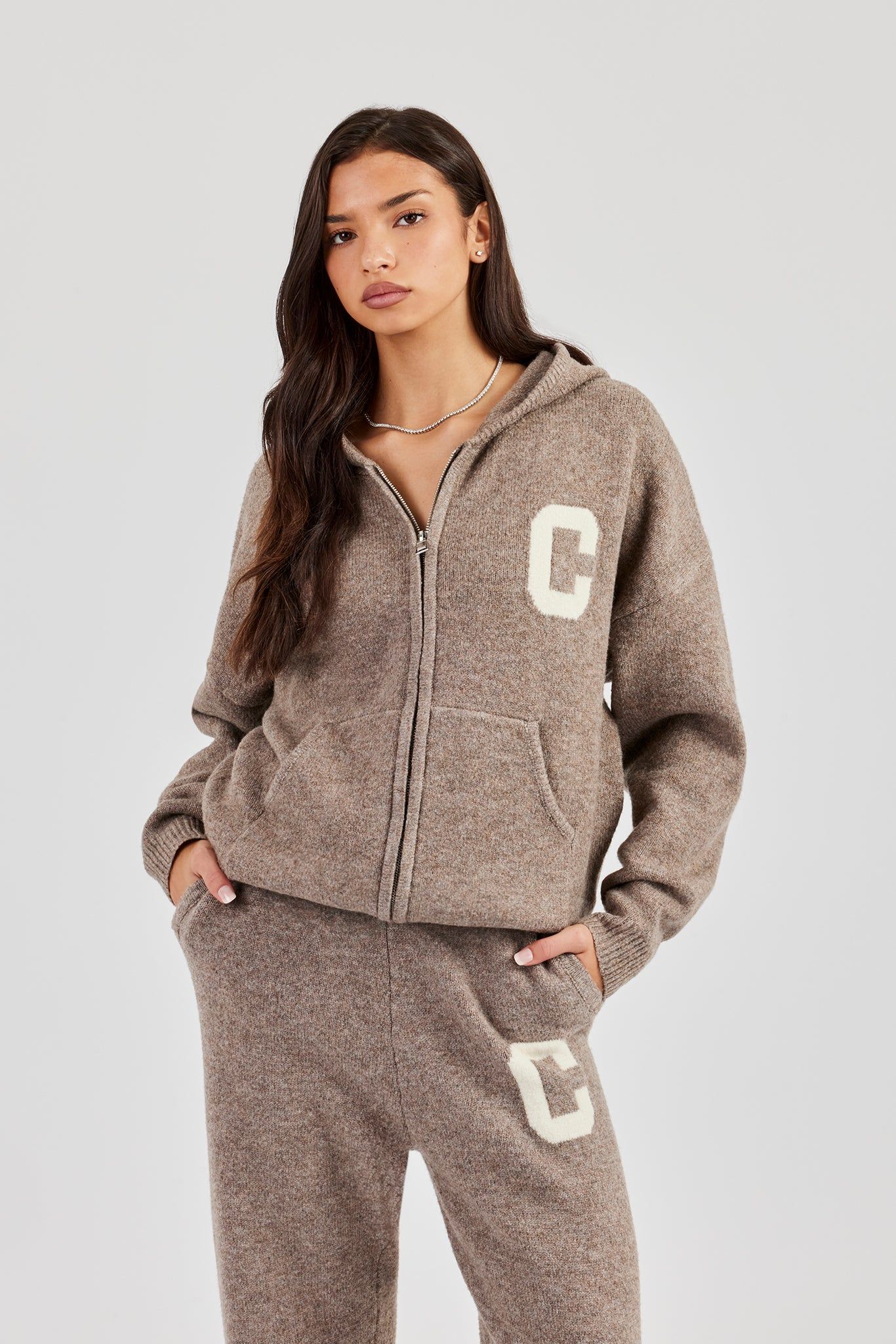 Cernucci Hooded Zip Through Knitted Jumper - Taupe image 8