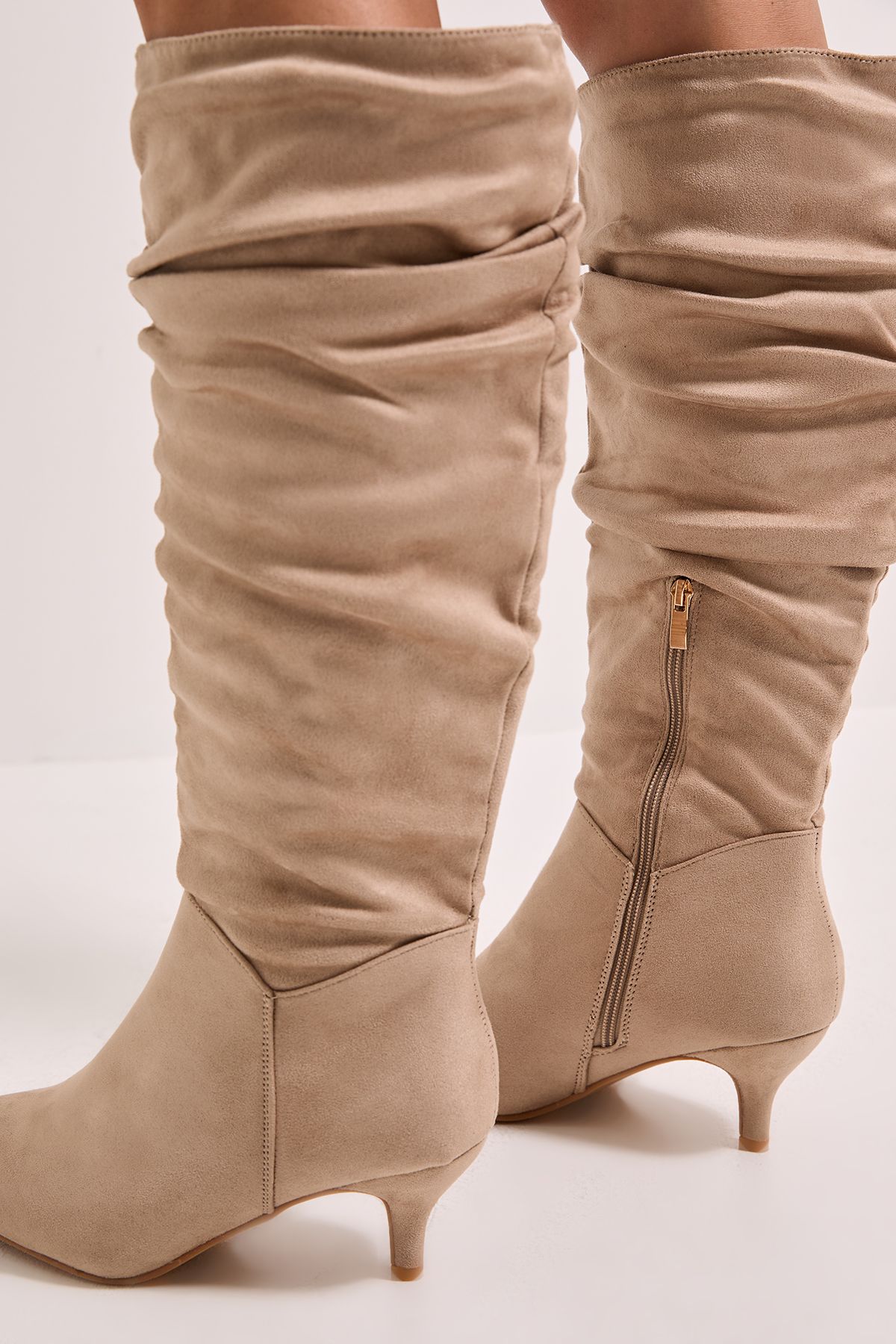 Dorothy Perkins Wide Fit Khloe Faux Suede Kitten Heel Knee High Ruched Boots Beige image 4