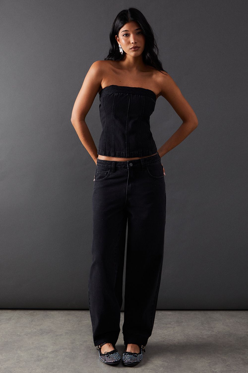 Warehouse Denim Lace Trim Mid Rise Barrel Jeans Washed Black image 2