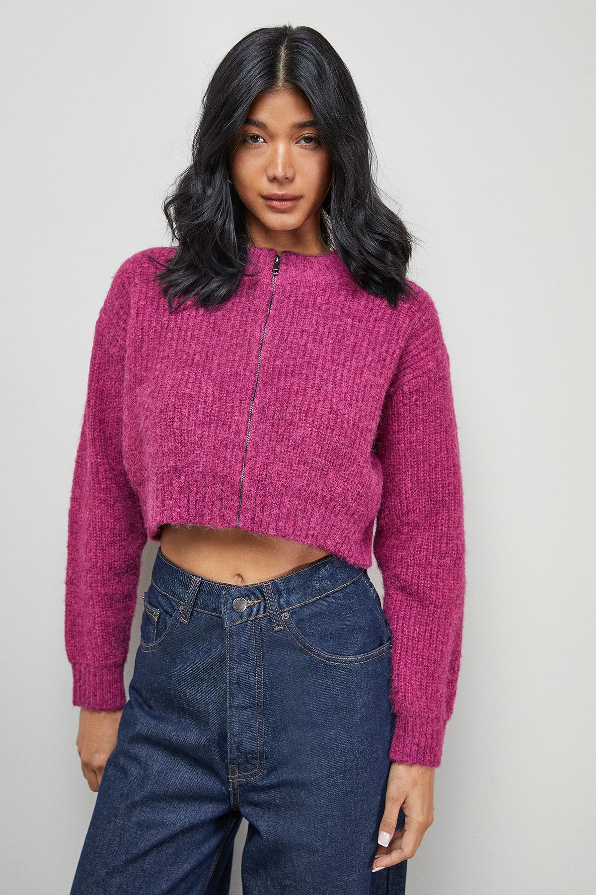 Warehouse Zip Up Rib Crew Cardigan Pink image 1