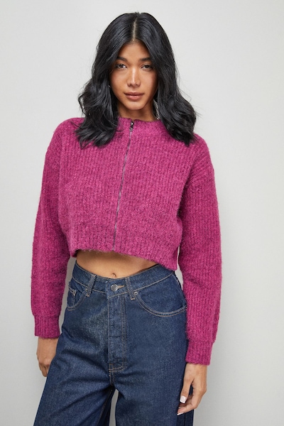 Warehouse Zip Up Rib Crew Cardigan Pink