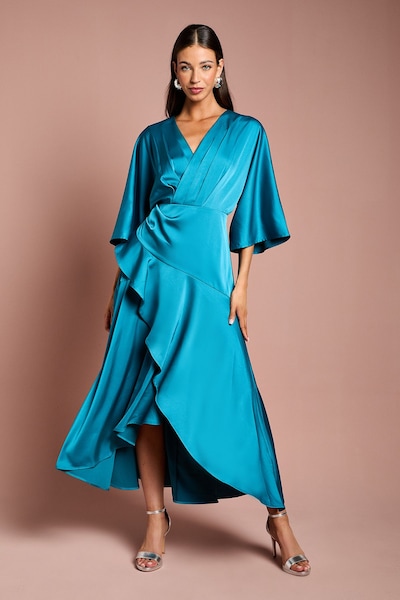 Coast Satin Back Crepe Ruffle Wrap Midi Dress Teal