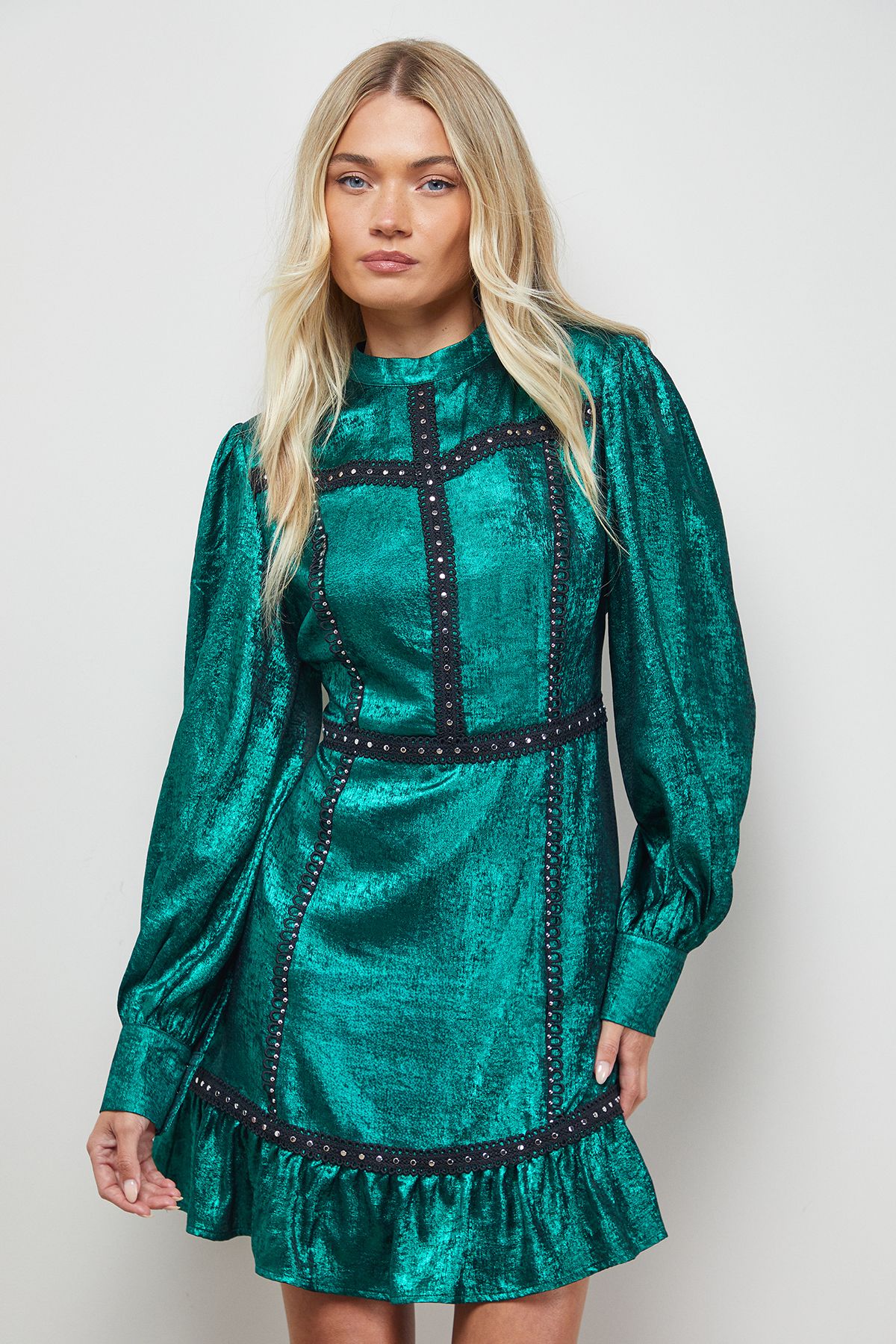 Oasis Stud Trim Long Sleeve High Neck Mini Dress Forest image 1