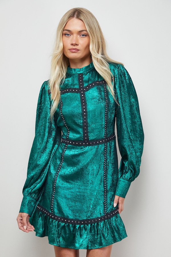 Oasis Stud Trim Long Sleeve High Neck Mini Dress Forest