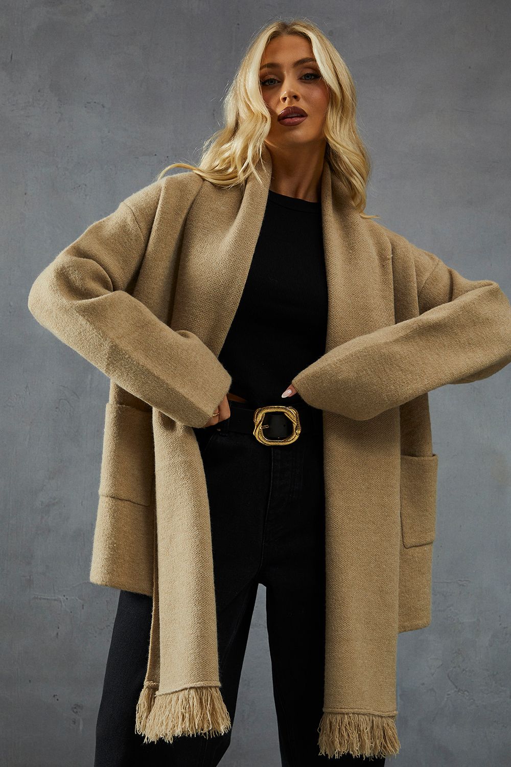 MissPap Premium Knitted Scarf Detail Longline Cardigan Taupe image 1