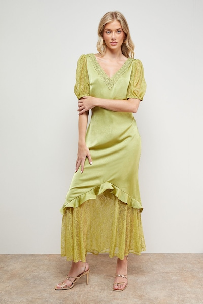 Oasis Plain Lace Frill Detail Puff Sleeve Midi Dress Chartreuse