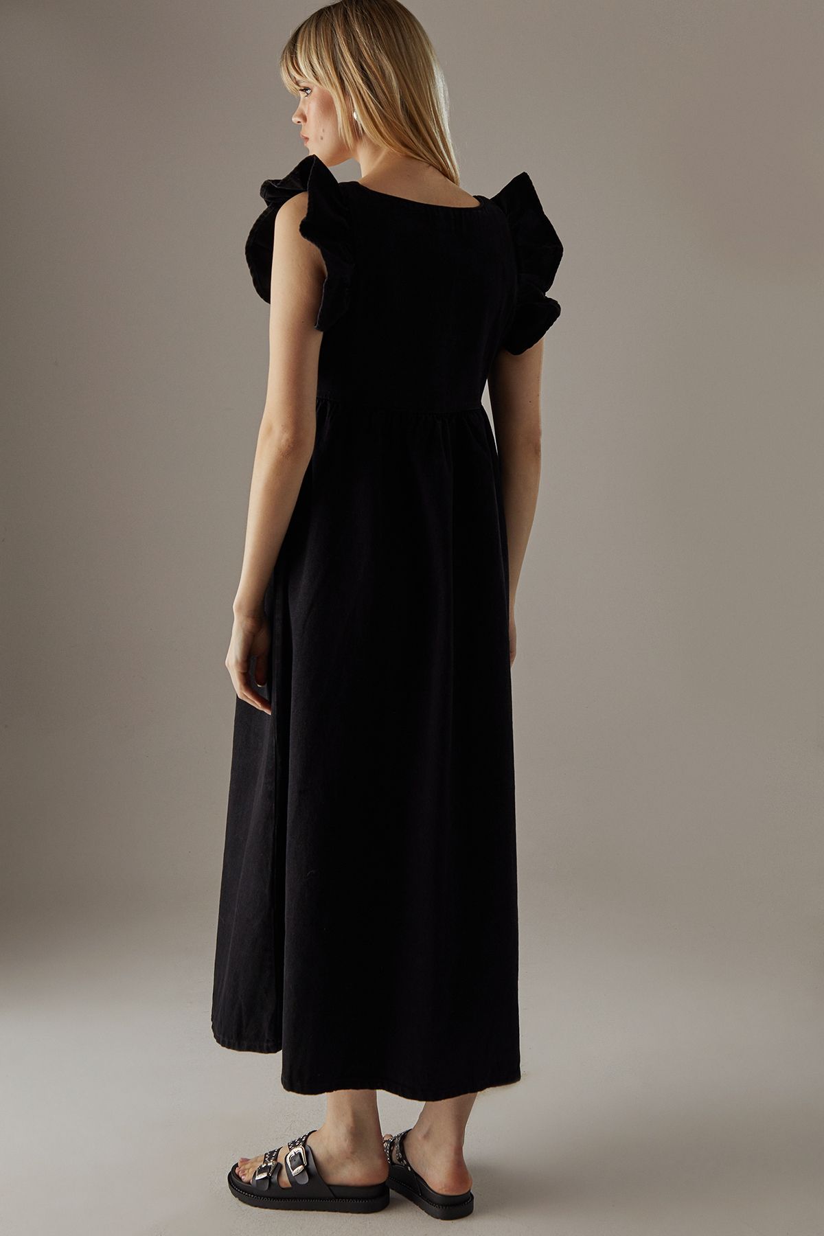 Warehouse Denim Square Neck Frill Smock Midi Dress Washed Black image 3