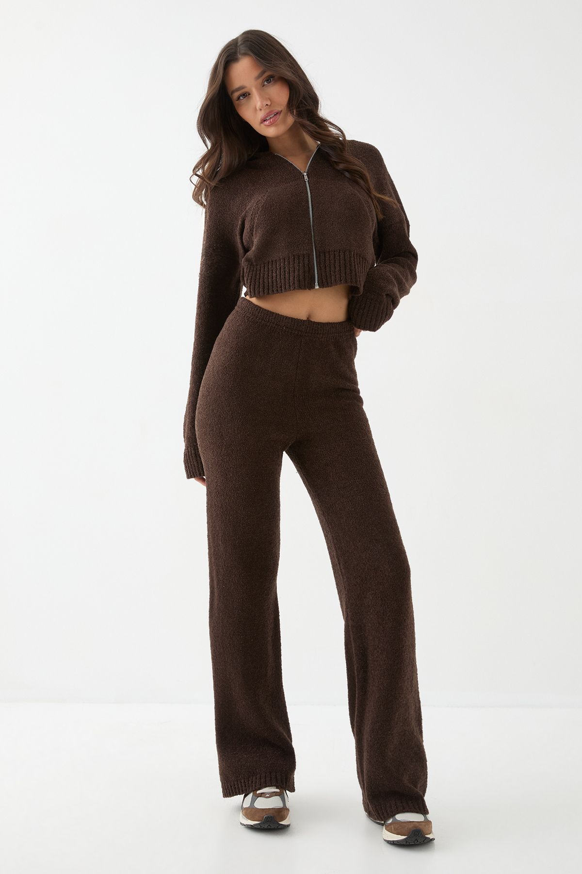 MissPap Boucle Knitted Hoodie and Trouser Co Ord Chocolate image 4