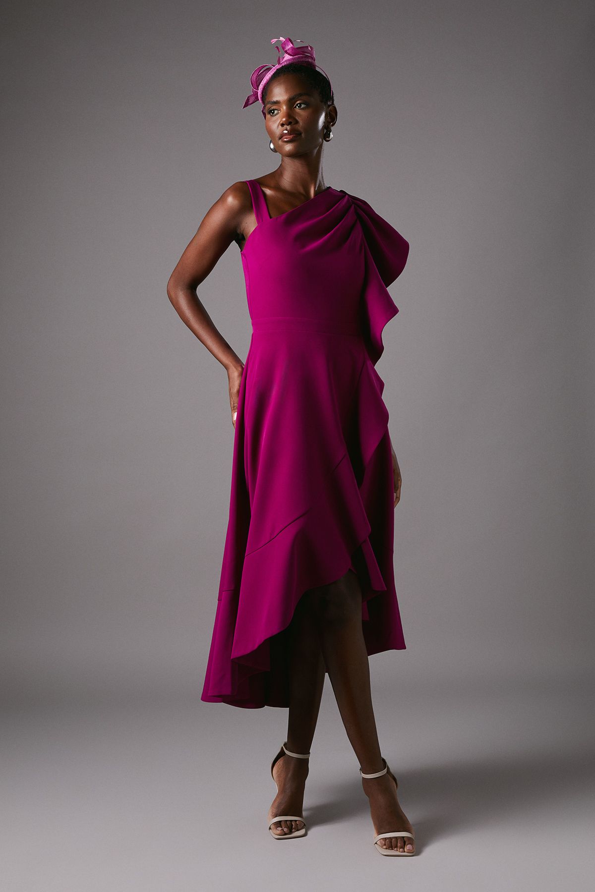 Coast One Shoulder Crepe Ruffle Midi Dress Berry image 3